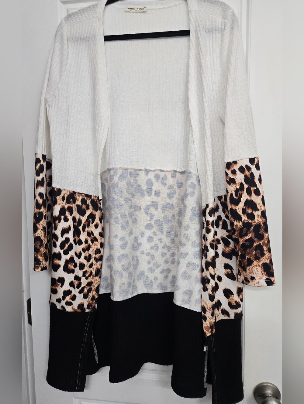 Leopard Print Colorblock Open Cardigan - White, Black, Brown Size Medium